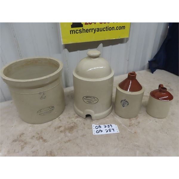 Large Medalta Chicken Waterer (w/ hairline crack in back) 2 Gal. , Medalta Crock , Small Medalta Jug