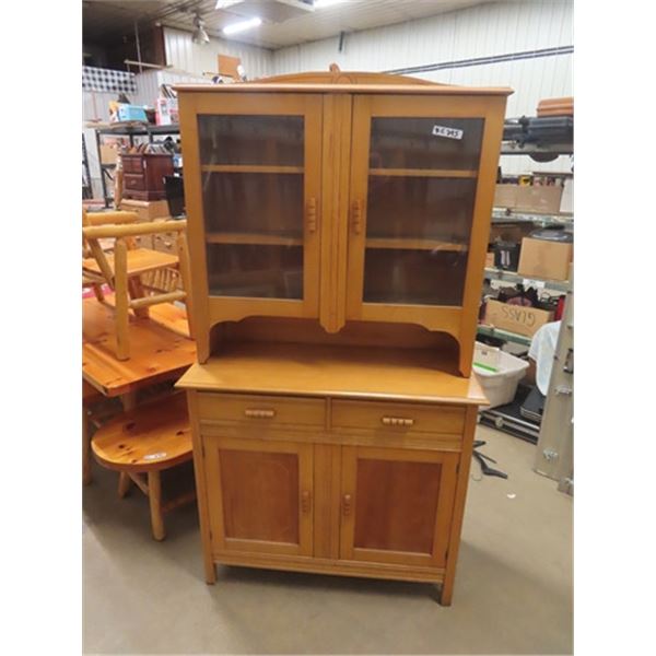 2 pc. Maple Stepback Kitchen Cupboard 74" x 42" x 18" - glass cracked in one spot