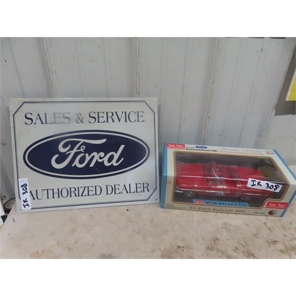 Die Cast '64 Ford Galaxie 500 1/18 scale in Box & Modern Metal Ford Sign 12" x 16"