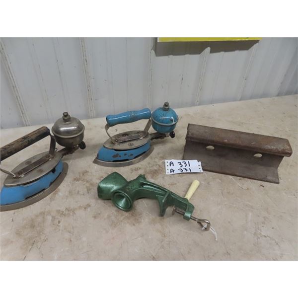 2 Coleman Gas Irons & Rail Line Anvil & Grinder