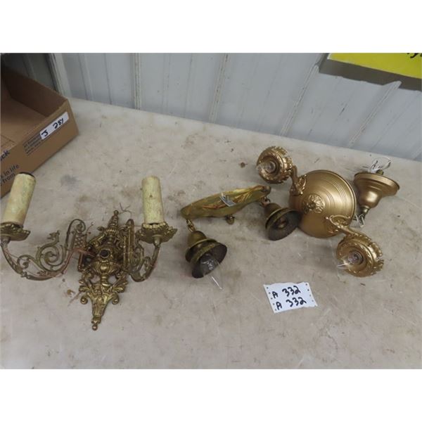 3 Brass Light Fixtures - Ceiling & Wall Mount