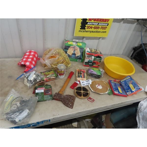 Hatchet, Rain Jacket, Mosquito Coils, Tent Pegs, 10 Piece Camping cook ware plus more