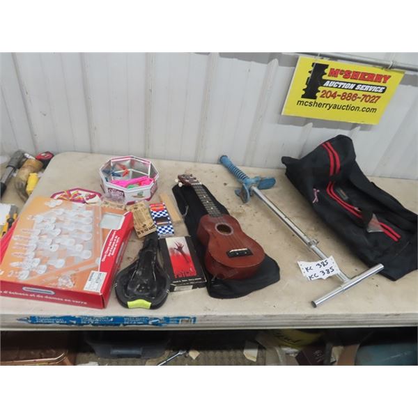 Ukulele, Chess Game, Bicycle Seat & Pogo Stick