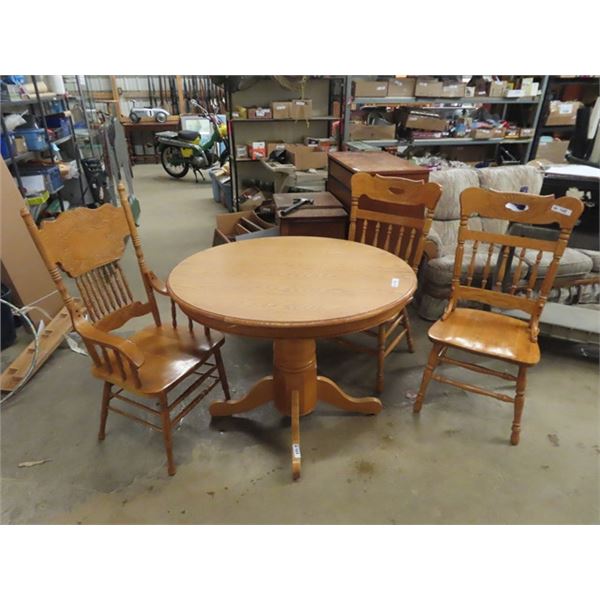 Oak Pedestal Table & 3 Press Back Chairs