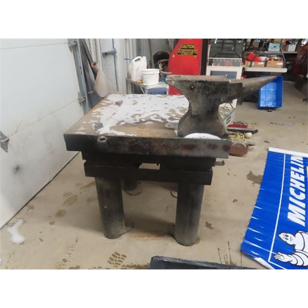 Approx. 150 lbs Anvil attached to a heavy Duty Metal Shop Table 35" high 34" x 34" anvil - 11" high 