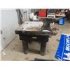 Image 1 : Approx. 150 lbs Anvil attached to a heavy Duty Metal Shop Table 35" high 34" x 34" anvil - 11" high 