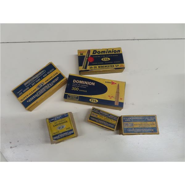 6 Vintage Ammo Boxes Only - 303 gauge, 300 Gauge, 3030,  22 Long, 25 Colt, 32 S+W