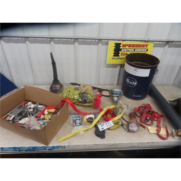 Metal Gulf Pail, Load Straps,Cargo Netting, Squirt can and hardwares