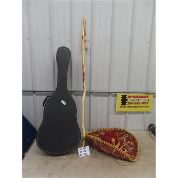 Guitar Case, Diamond Willow Walking Stick, Sombrero