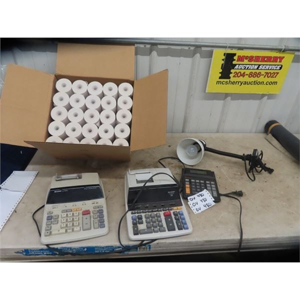 2 Adding Machines & Box of Calculator Paper Light w/ Clamp