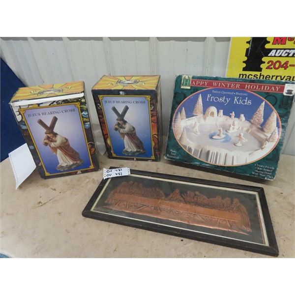 Frosty Kids Christmas Villiage Display w/ Music & Movement, Picture of Last Supper, 2 Jesus Statues