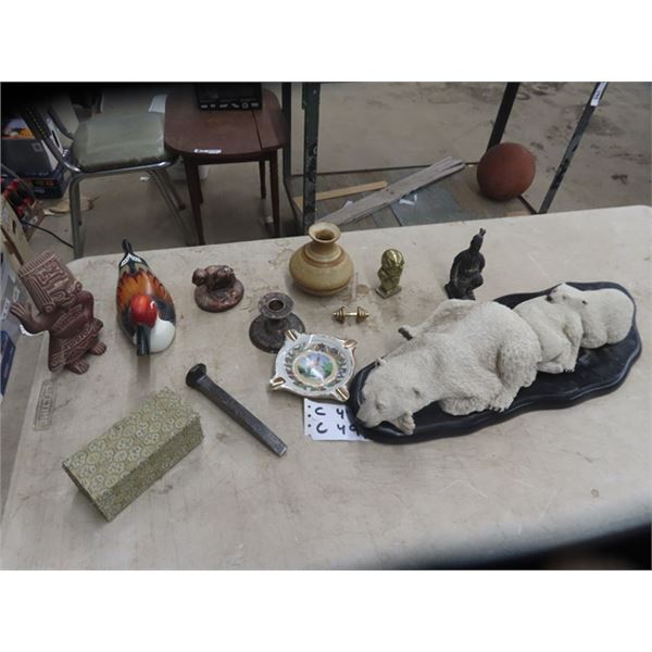 Decor-  Bears, Ashtray, Railroad Spike, Candleholder, Ornaments....