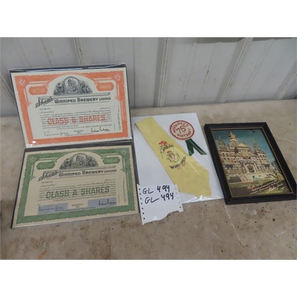 2 Shea's Brewing Certificate 1926, 75th Winnipeg Birthday Party Gear, photo of City Hall