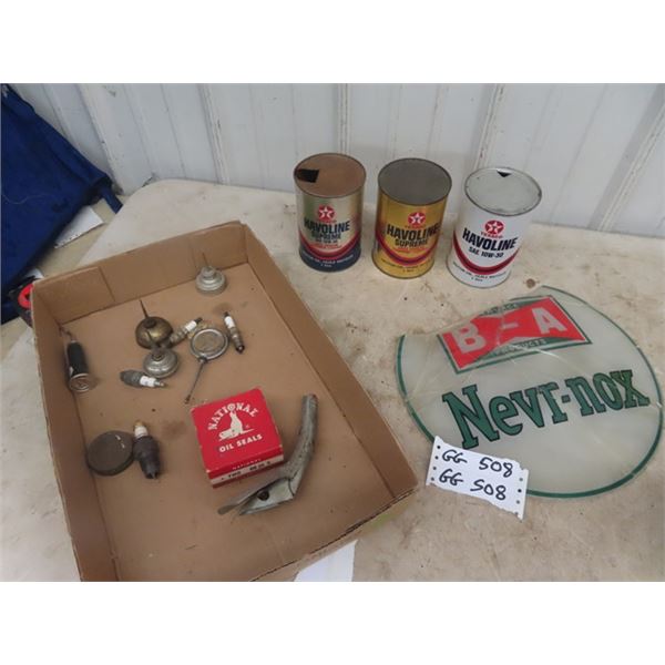 Vintage BA sign (Beat up), Oil Cans, Squirt can, Spark Plugs