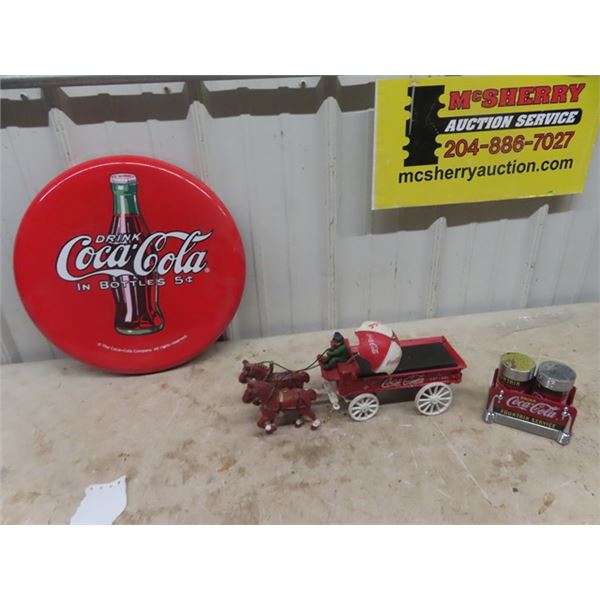 (FU) Cast Coke Delivery Wagon w/ Horses 15" Long & Metal 10" Round Coke Sign & Salt+Pepper shakers