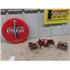 Image 1 : (FU) Cast Coke Delivery Wagon w/ Horses 15" Long & Metal 10" Round Coke Sign & Salt+Pepper shakers