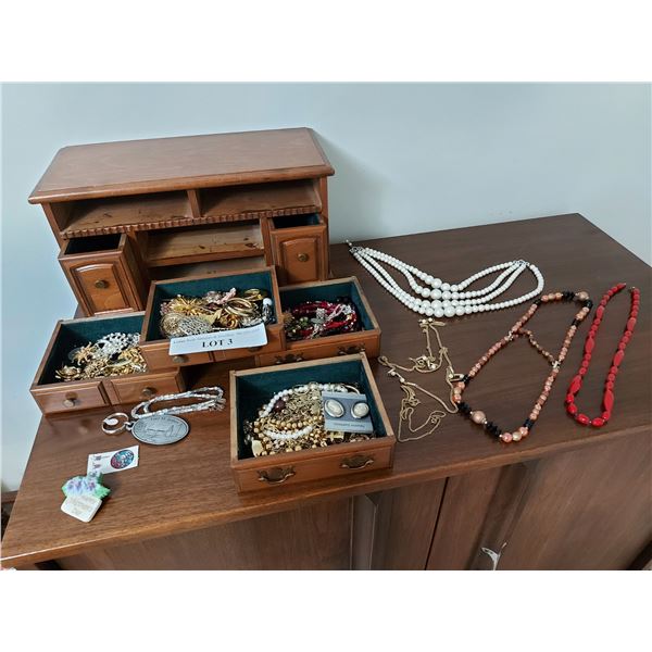 Wooden jewelry box, asst costume jewelry, pins