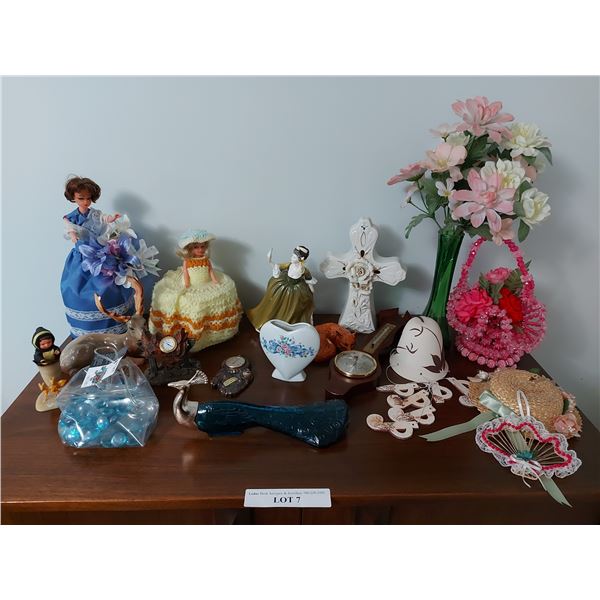 Doulton & Co figurine (Simone), decorative Avon peacock perfume bottle, wind chime, barometer, vase,