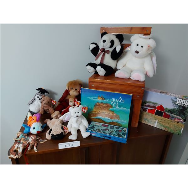Asst Ty Beanie babies, wooden child's chair, 1000 pc jigsaw puzzle, asst toys and stuffies