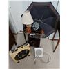 Image 1 : Wood display table, Reco fan, Black & Decker heater, umbrella, shoe horn, lamp, 4 leather belts with