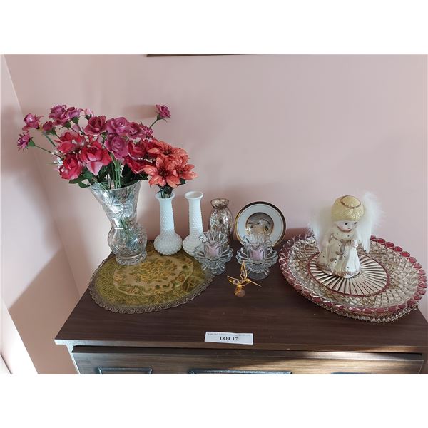 2 milk glass vases, crystal vase, candle holders, decorative plates, angel figurine, hummingbird win