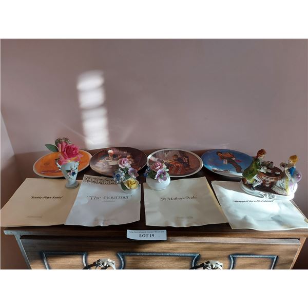 4 Norman Rockwell plates, 2 Radnor glass flower ornaments, asst home decor