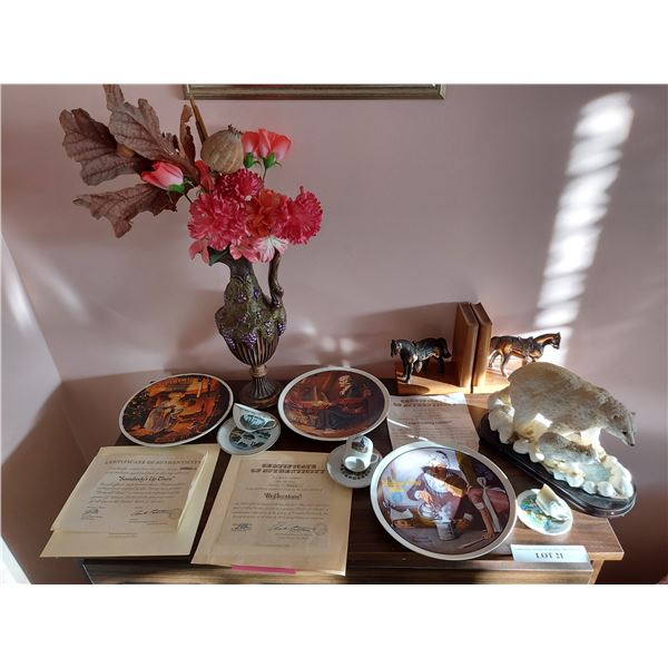 3 Norman Rockwell plates, vase, polar bear mother & cub figure, mini tea & saucer sets, 2-pc horse f