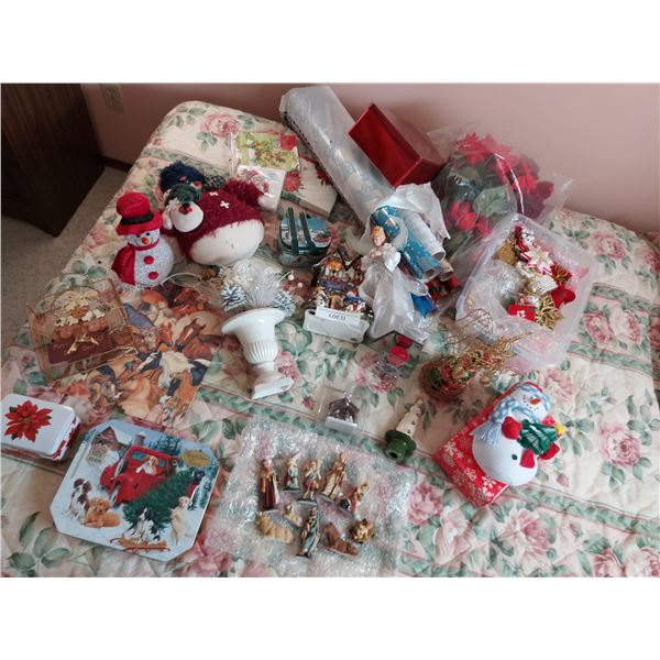 Asst Christmas decor incl nativity scene, stuffed figures, tins, artificial poinsettias, wrapping pa