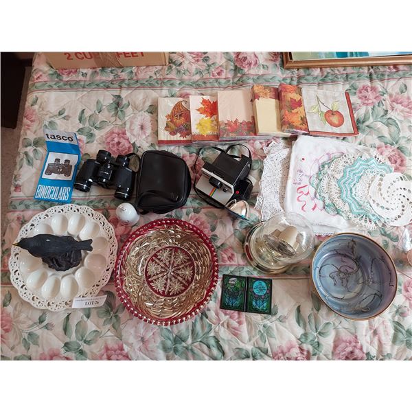 Devilled egg plate, decorative bowls, Tasco binoculars with case, Polaroid camera and flash, encased