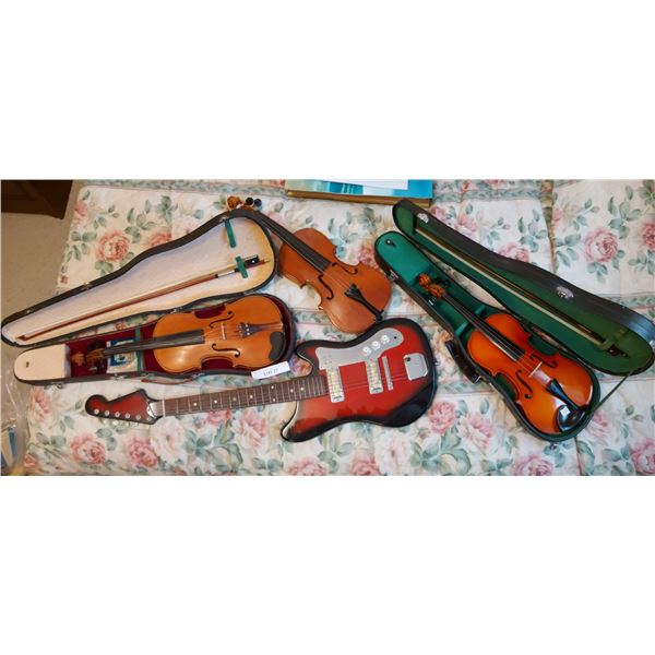 3 violins (Stradivarius copies, need TLC), 2 violin cases, electric guitar (no model #)