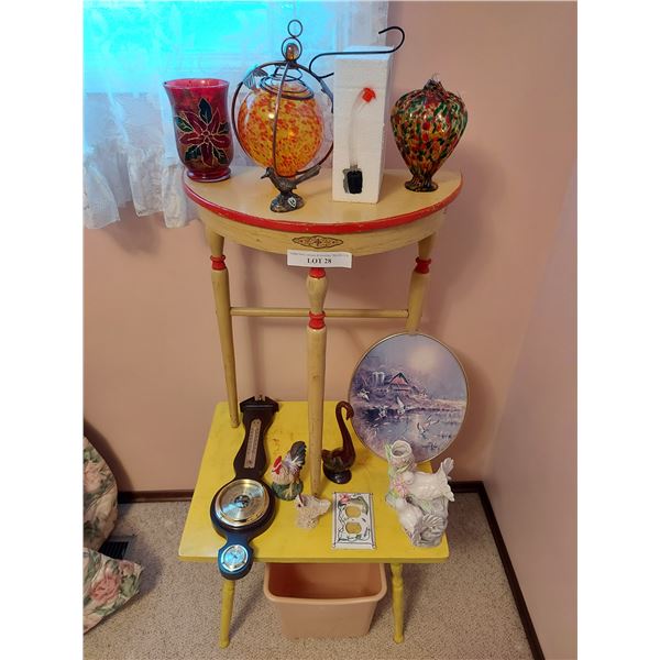 2 hummingbird feeders, 2 children's tables, asst bird figurines, barometer, small trash bin