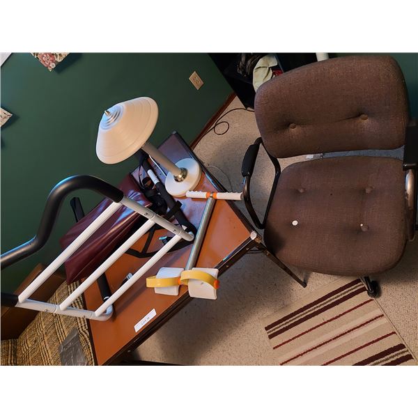 Bed safety rail, card table. lamps, exercise device, vinyl computer bag, office chair
