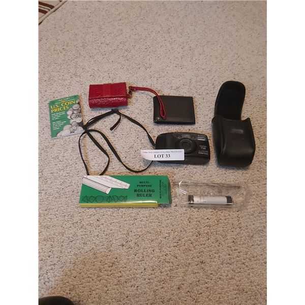 Pentax Espio Auto Focus Camera and case; men’s wallet, ladies’ mini purse, multi-purpose rolling rul