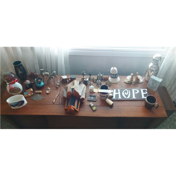 Asst home decor incl Thomas Kinkade candle holder, Utah Juniper Wood craft, Japanese vase, hand bell