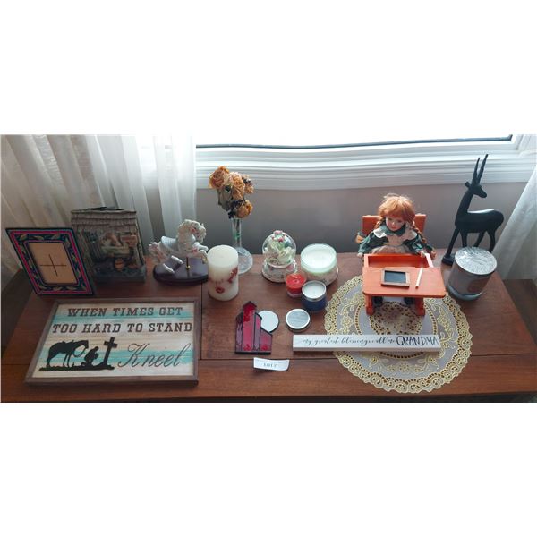 Candles; Anne of Green Gables figurine with desk, slate and pencil; metal antelope figurine, wall ar