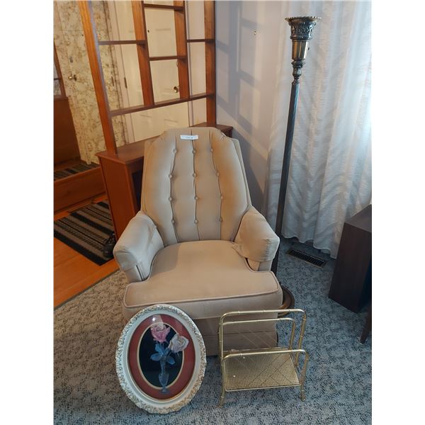 Floor lamp (no shade), upholstered swivel chair, magazine rack, oval 3D rose picture