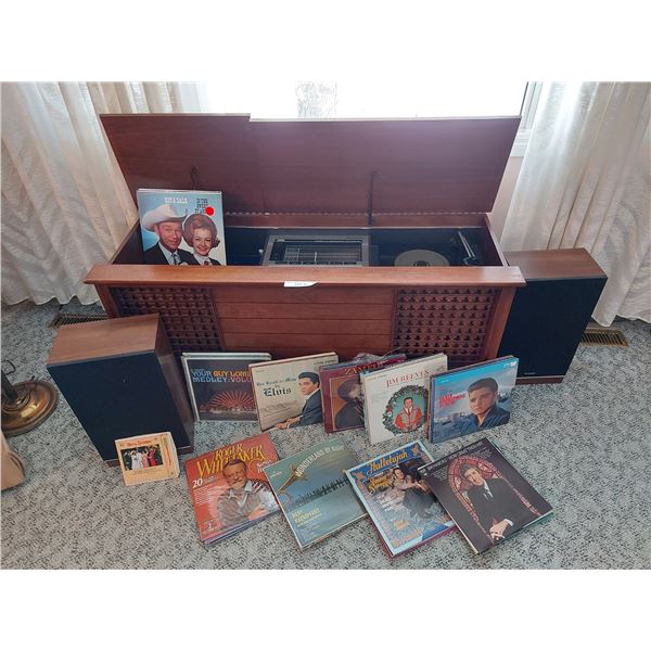 Rogers Majestic vintage stereo cabinet with speakers; approx 30 records