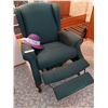 Image 3 : Vintage green upholstered wingback recliner; sunhat