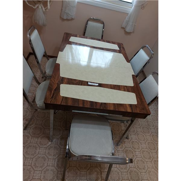Kitchen table with built-in leaves, metal frame; 6 chairs
