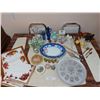 Image 1 : Serving platter and plate, vases, salt & pepper set, animal figurines, napkin rings, musical wishing