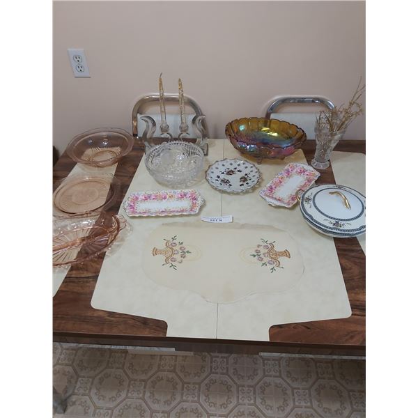 Carnival glass bowl, pink glass serving dishes, vase, candle holders, asst serving dishes