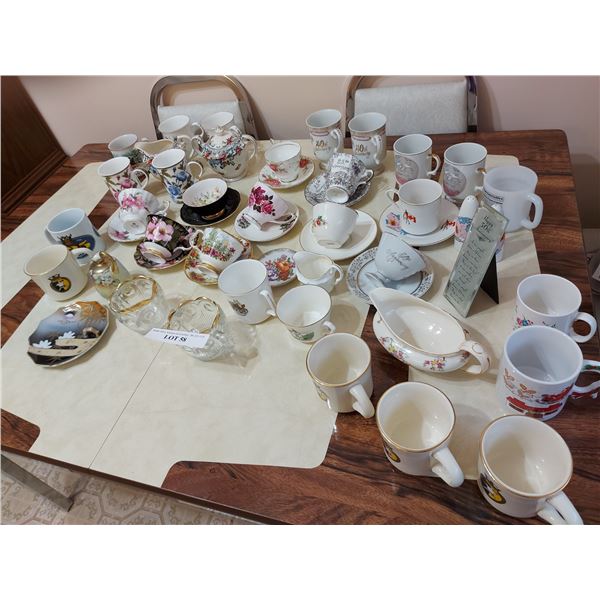 Asst teacups and saucers, salt & pepper sets, teapots, 50th Anniversary mugs (collector) keepsake, g