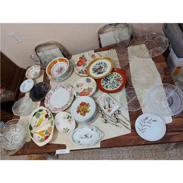 Decorative plates and bowls, glass water pitcher, egg spoons, serving plates, handmade divider plate