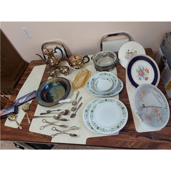 Silver plated teapot and coffee pots; silver sugar and creamer; silver-plated decorative dish holder