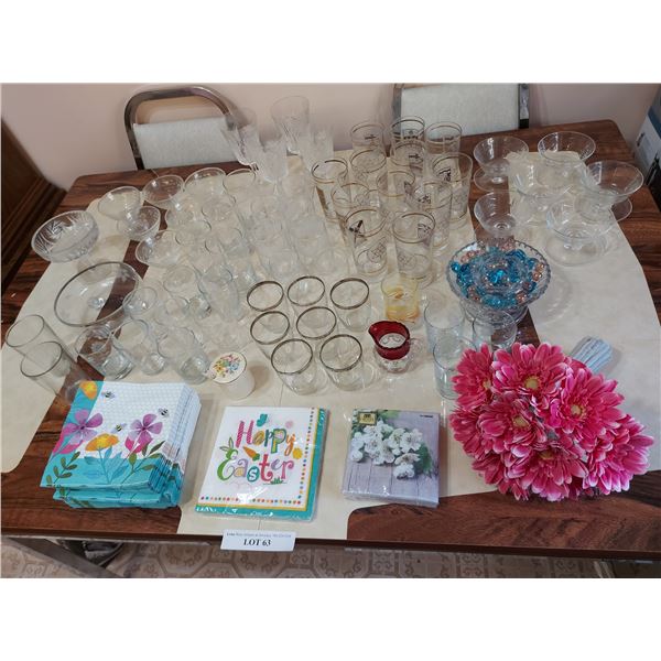 Asst glasses (incl collector designs); glass serving bowls; dessert bowls; cream and sugar dishes; n