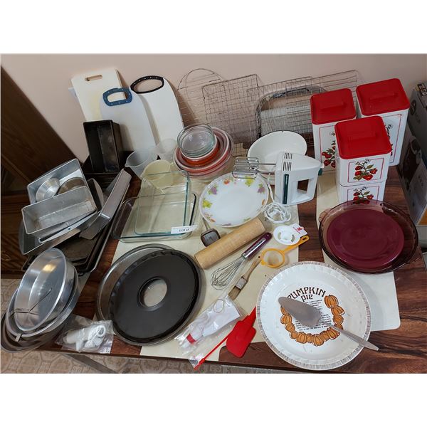 Huge lot of asst baking equipment incl. cookie trays, bread pans, pie plates, flan pan, rolling pin,