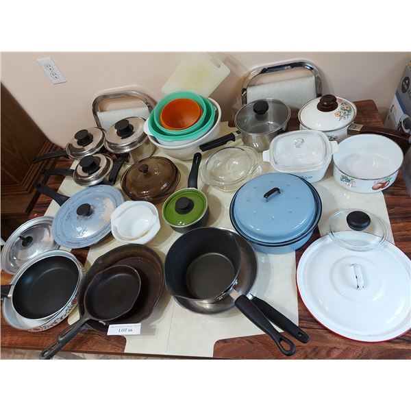 Huge lot of asst pots and pans, incl. cast iron, Corning Water, Pyrex; cutting board; bowls (plastic