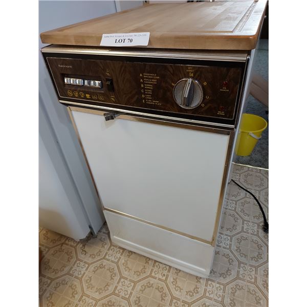 Kenmore apartment-size dishwasher (free-standing on wheels) with wooden cutting block top