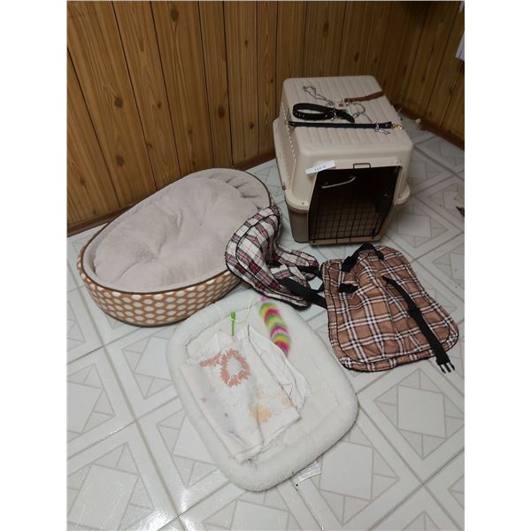 Trusty Pup dog bed; 2 dog coats - 1 med, 1 large; cat bed and toys; dog collars and leash; precision