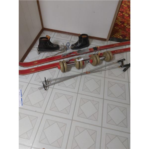 Kitzbuhel Arlberg cross country vintage skis; boots size 10 and poles; barbells with 4 1.1 Kg weight